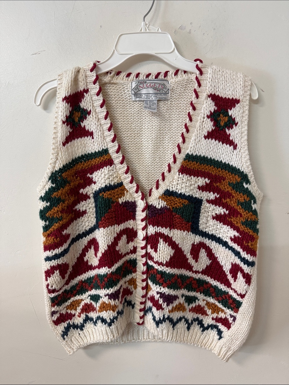 Nuggetts Cream V-Neck Sweater Vest with Multicolor Aztec Knit 1990’s